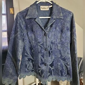 Vintage Flashback Couture Stylish Metallic Blue Embroidered Jacket Boho Medium